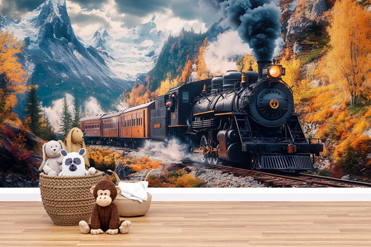 Vintage Train Nursery Wall Mural - Autumn Mountain Steam Engine - Scenic Locomotive Baby Room Decor - Railroad Art for Boys Room Vn225