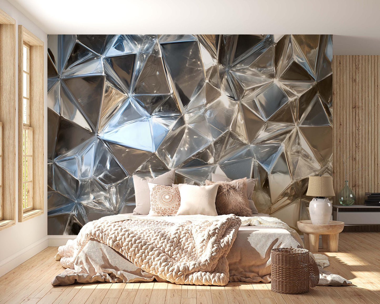 Modern 3D Geometric Metallic Wall Mural, Silver Chrome Crystal Pattern, Luxury Abstract Wallpaper for Bedroom & Living Room Vn748