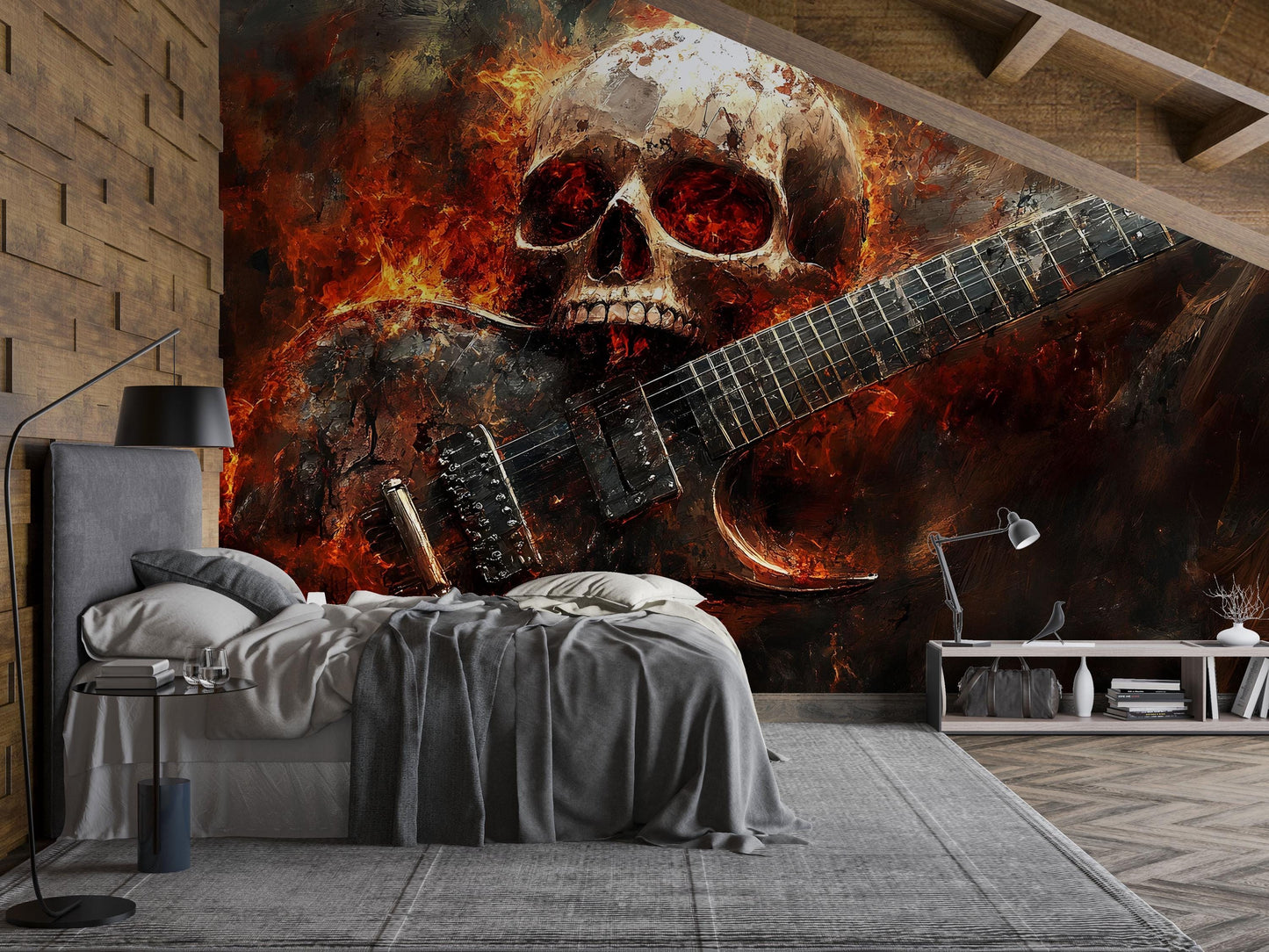 Skull & Guitar Fire Wall Mural – Heavy Metal Rock Bedroom Art Decor Vn719