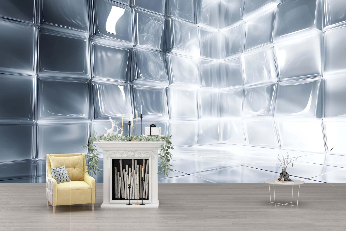Modern 3D Silver Cube Wall Mural – Abstract Metallic Geometric Wallpaper for Living Room, Office, or Studio Decor  Vn749