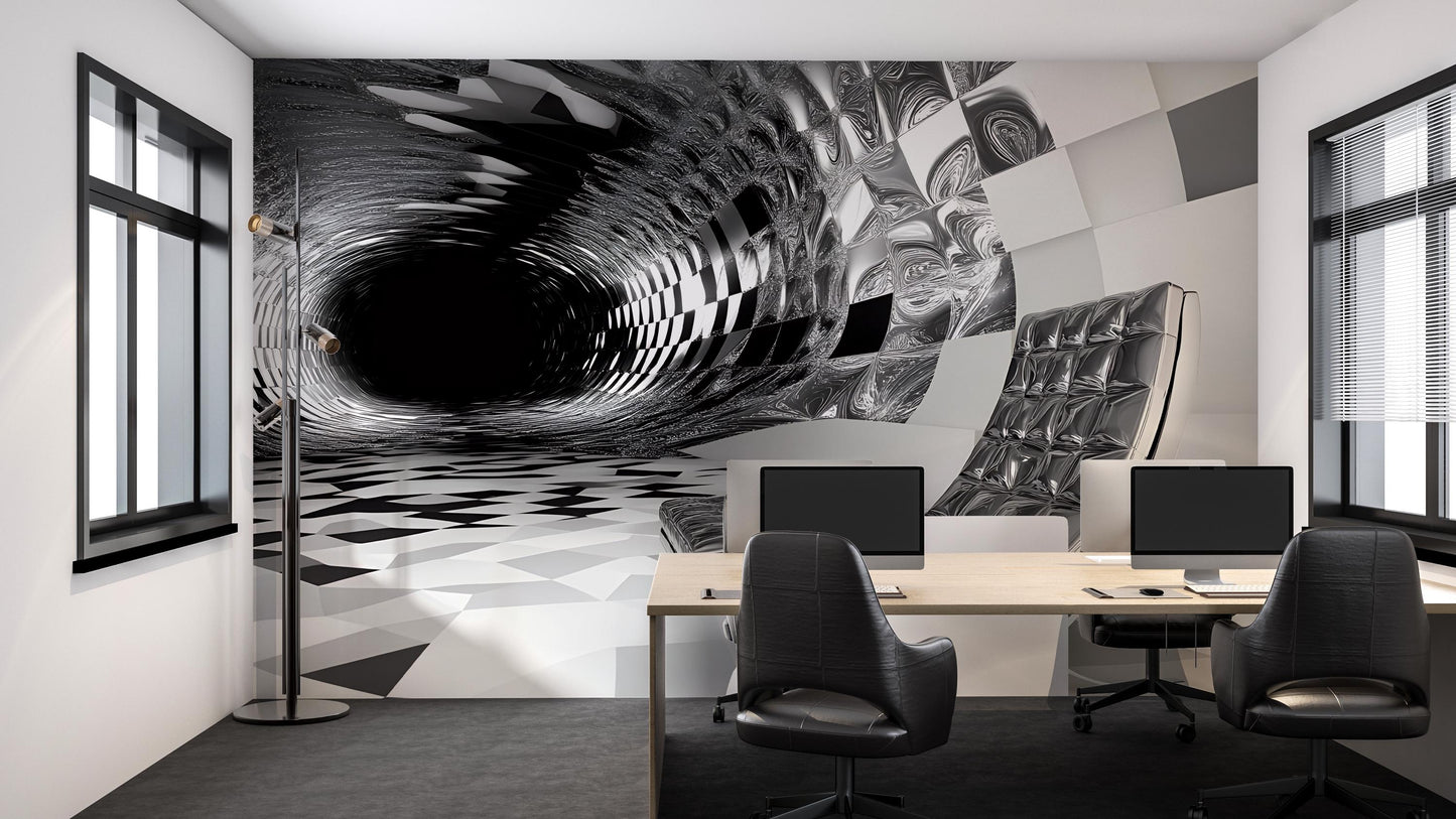 3D Black Hole Optical Illusion Wall Mural | Modern Office Decor | Trippy Vortex Art Wallpaper | Futuristic Interior Accent Vn574