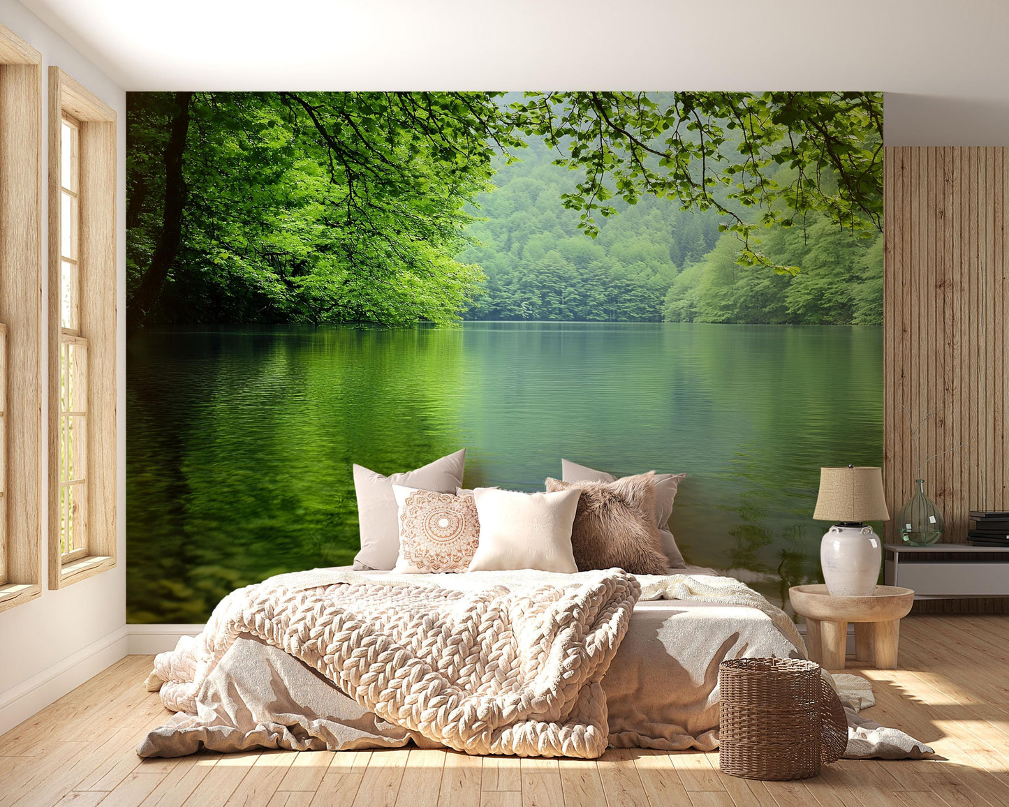 Forest Lake Wall Mural | Tranquil Nature Scene Wallpaper | Bedroom Feature Wall Decor | Green Landscape Lake View Photo Mural Vn686