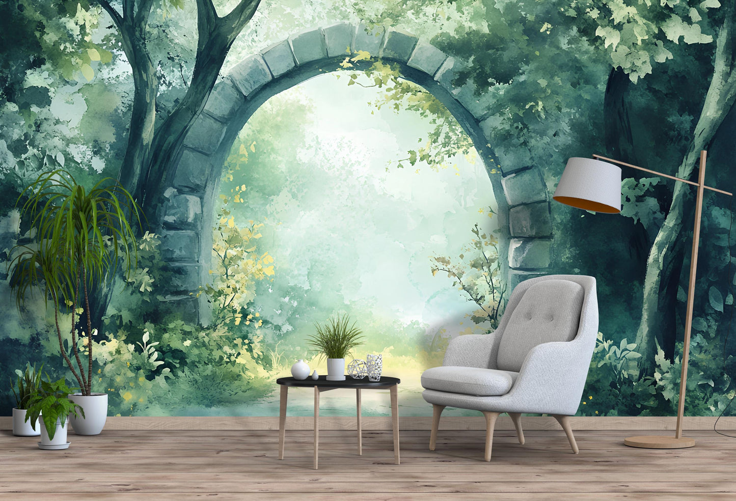 Forest Archway Wall Mural – Nature Garden Gateway Wallpaper for Living Room or Office Vn759