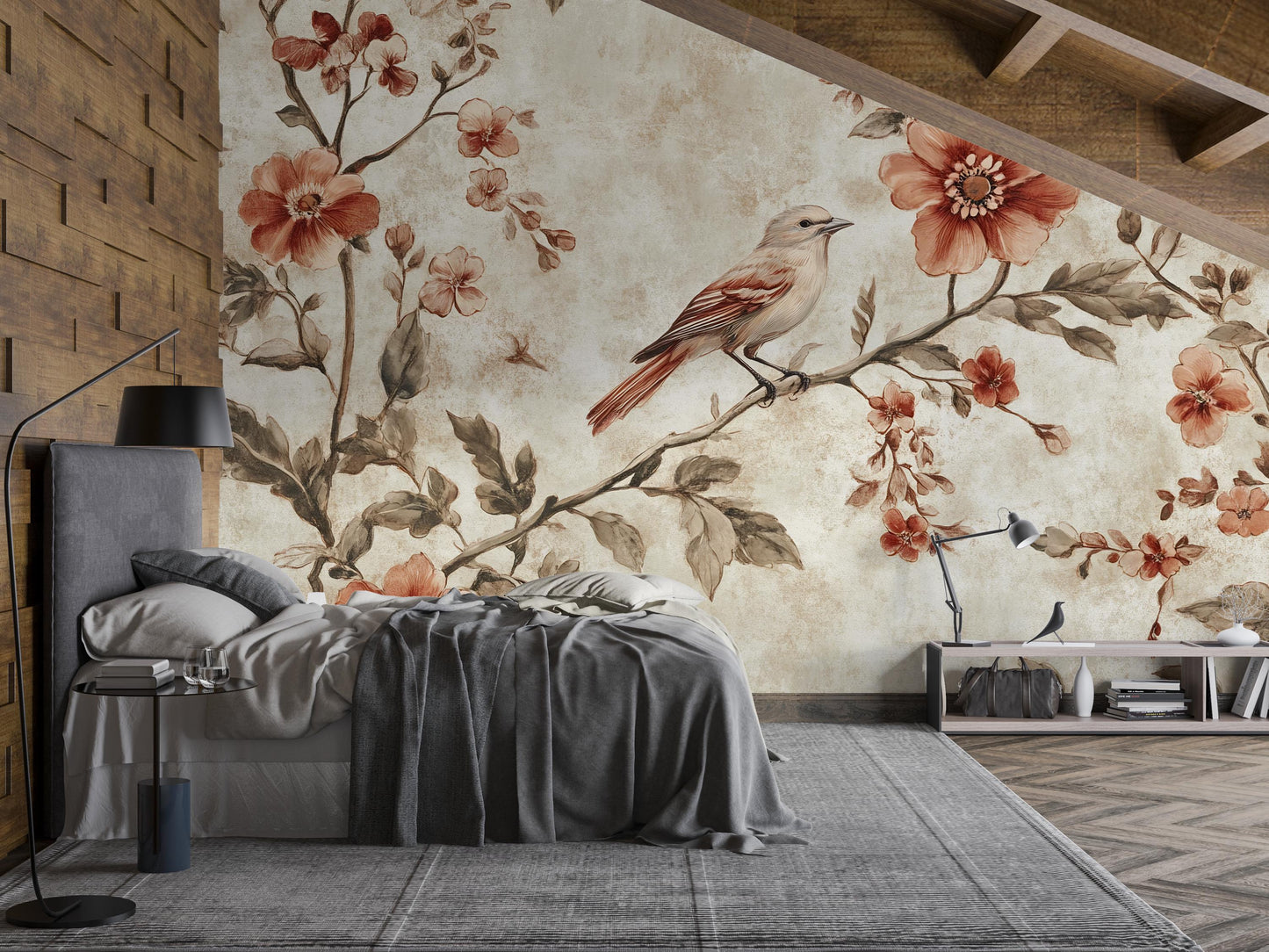 Vintage Bird Mural – Rustic Floral Botanical Wallpaper Wall Art Vn1000