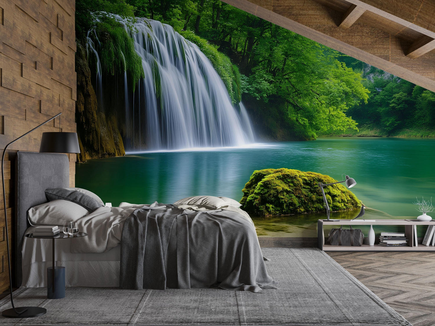 Waterfall Forest Wall Mural – Nature Bedroom Decor – Scenic Waterfall Wallpaper – Tranquil Green Landscape Mural Vn694