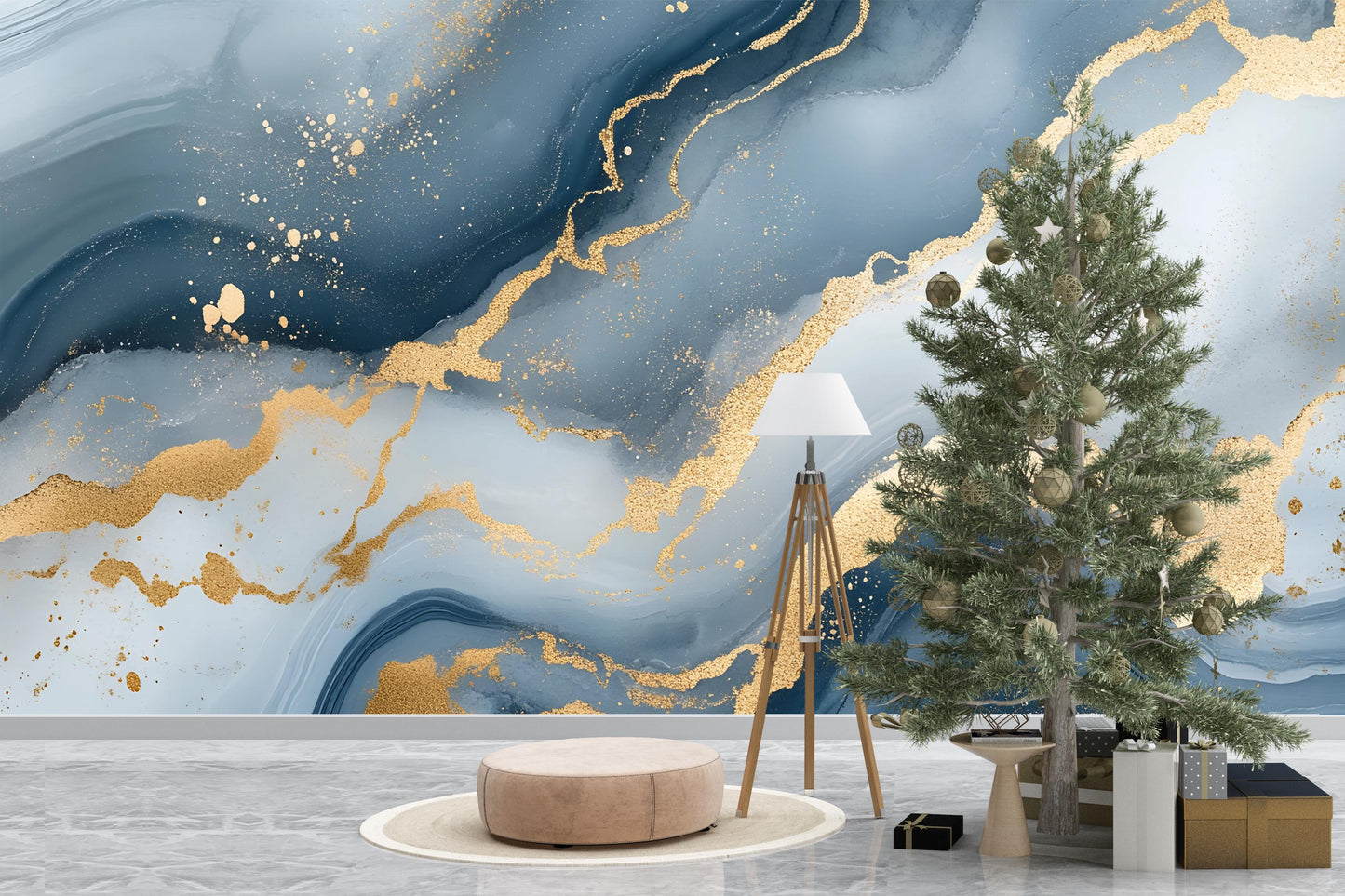Blue Gold Marble Wall Mural – Abstract Luxury Wallpaper Vn967