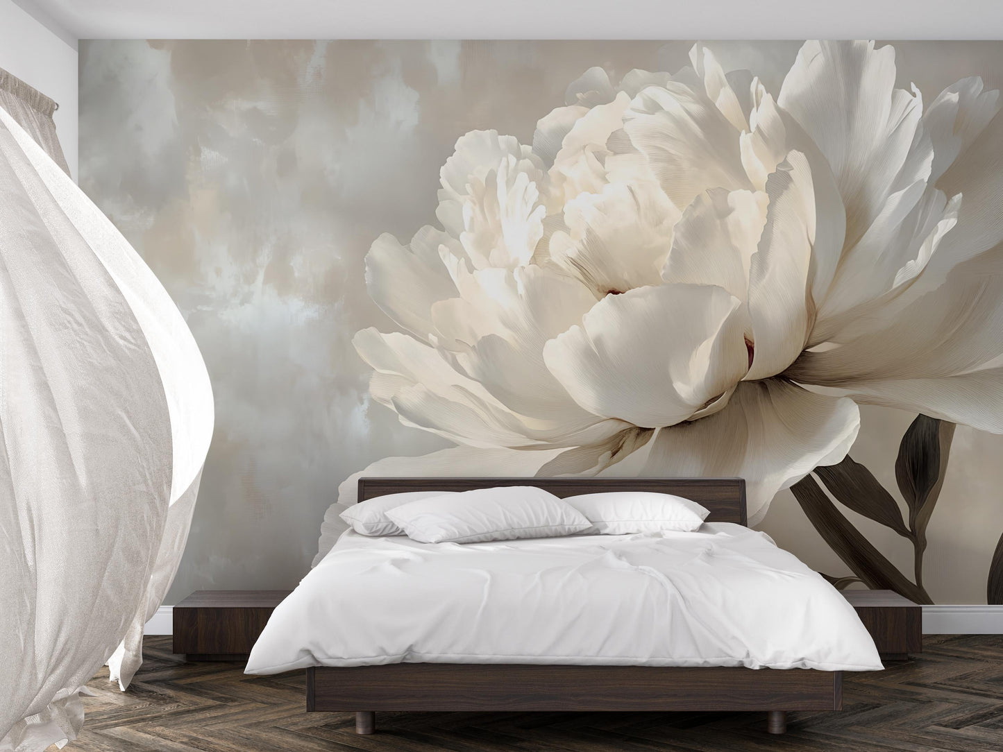 Large White Peony Wall Mural – Elegant Neutral Floral Wallpaper for Bedroom Accent Vn1051