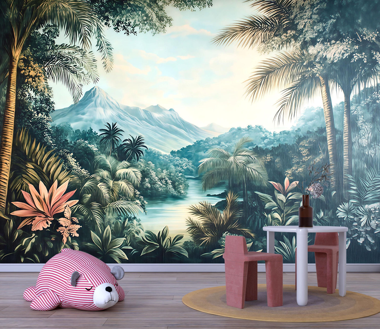 Tropical Jungle River Wall Mural – Kids Room Safari Adventure Wallpaper Vn832