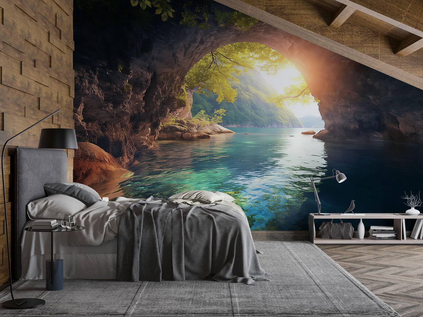 Sunlit Cave Wall Mural – Nature Landscape Wallpaper for Bedroom Decor Vn872