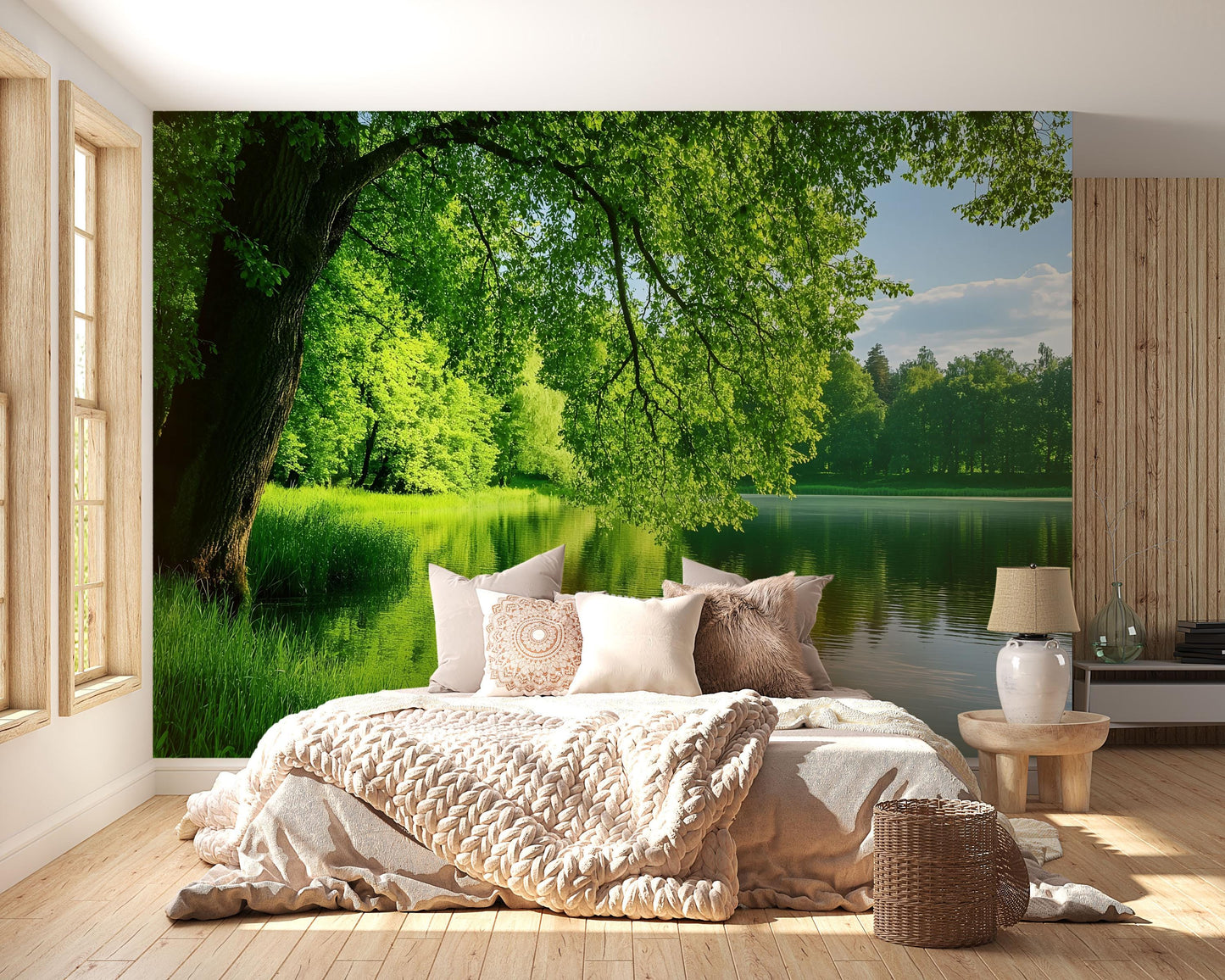 Nature Lake Forest Wall Mural, Scenic Bedroom Wallpaper, Tranquil Green Landscape Decor Vn692