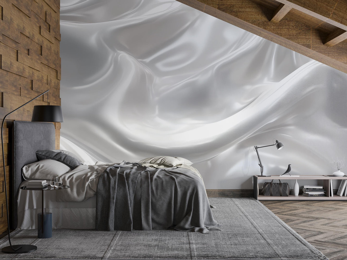 Modern Loft Bedroom Wall Art - White Satin Abstract Wallpaper Mural - Luxury Textured Fabric Effect - Minimalist Interior Decor Vn583