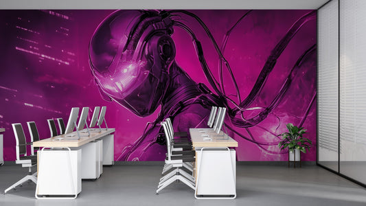 Cyberpunk AI Wall Mural – Futuristic Office Art, Sci-Fi Robot Decor, Neon Purple Tech Wall Poster Vn199