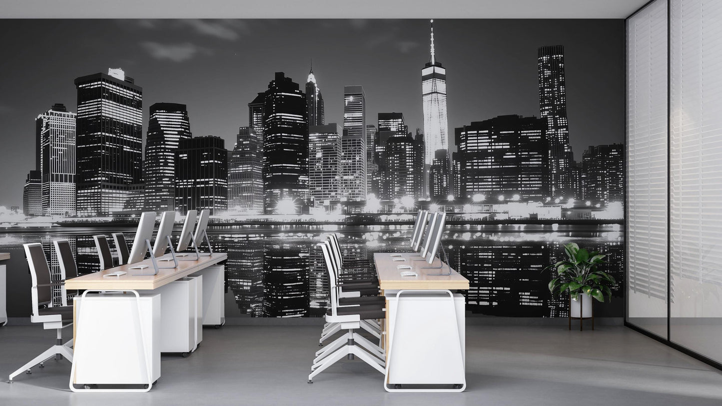 NYC Skyline Wall Mural – Black White Cityscape Wallpaper, Manhattan Reflection Art Vn885