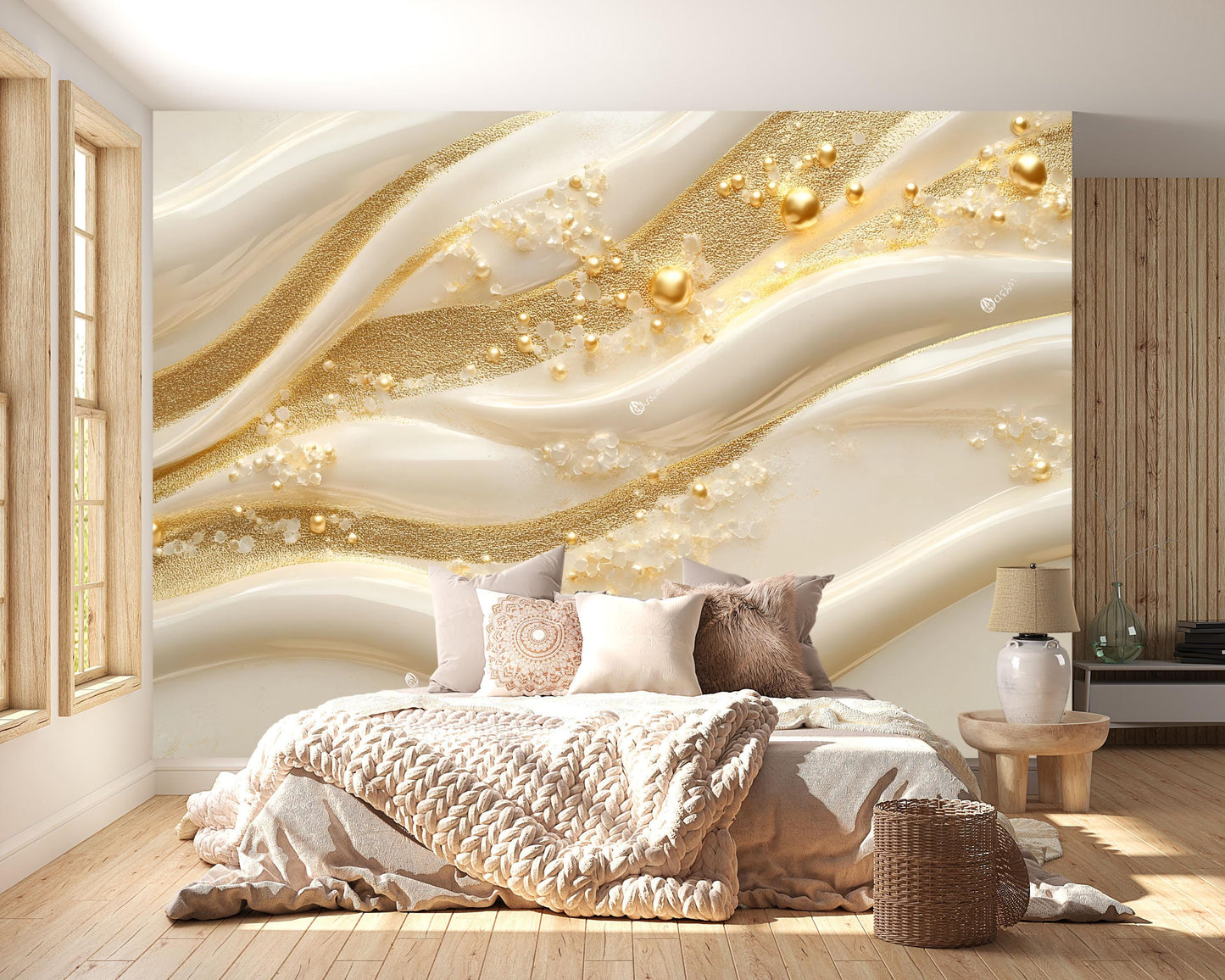 Luxury Gold Pearl Wave Wall Mural – 3D Elegant Cream and Gold Accent Wallpaper Vn776
