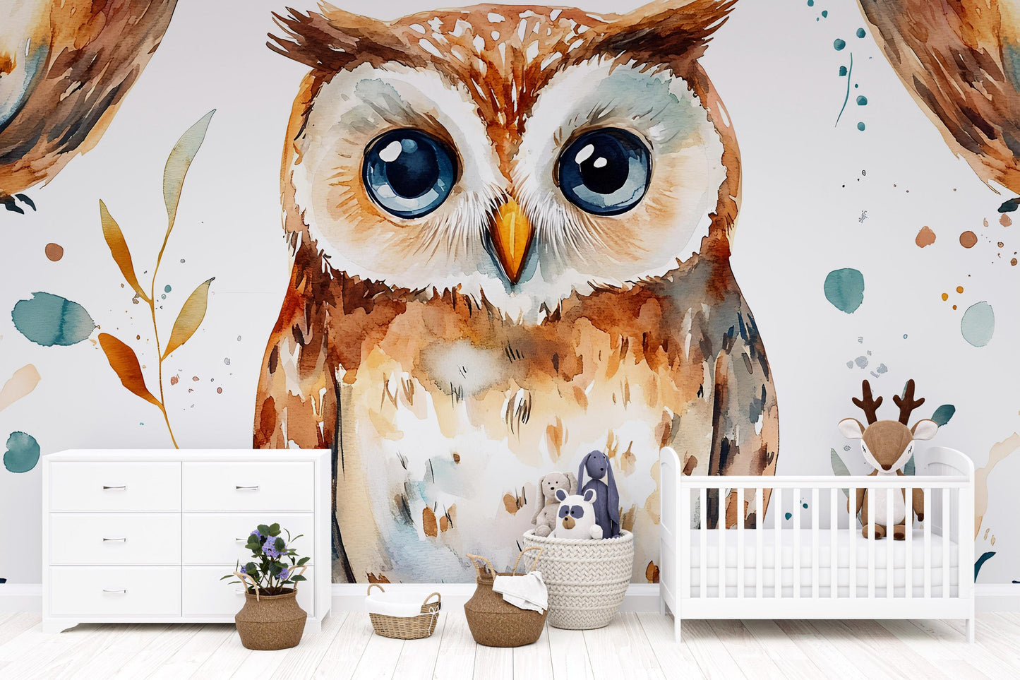 Watercolor Owl Wall Mural for Kids Bedroom | Large Woodland Animal Wallpaper Vn495