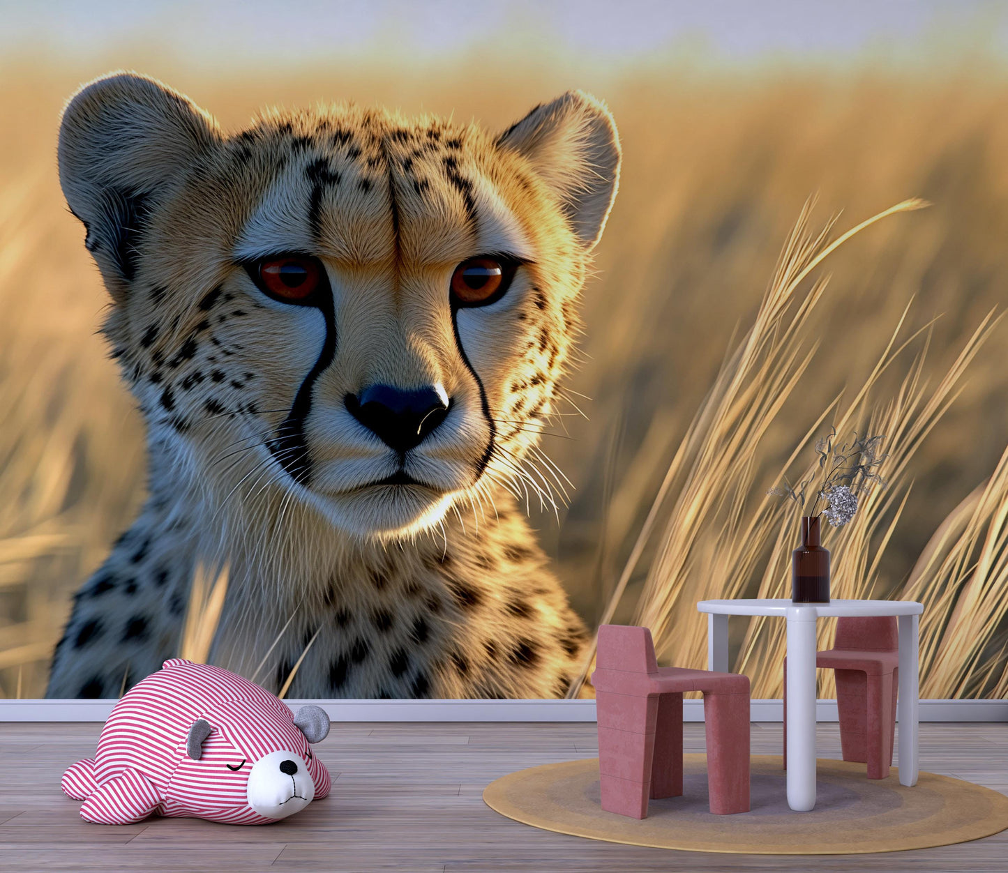 Cheetah Safari Nursery Wall Mural | Jungle Animal Baby Room Decor | Wildlife Big Cat Wallpaper | Removable Kids Wall Art Vn537