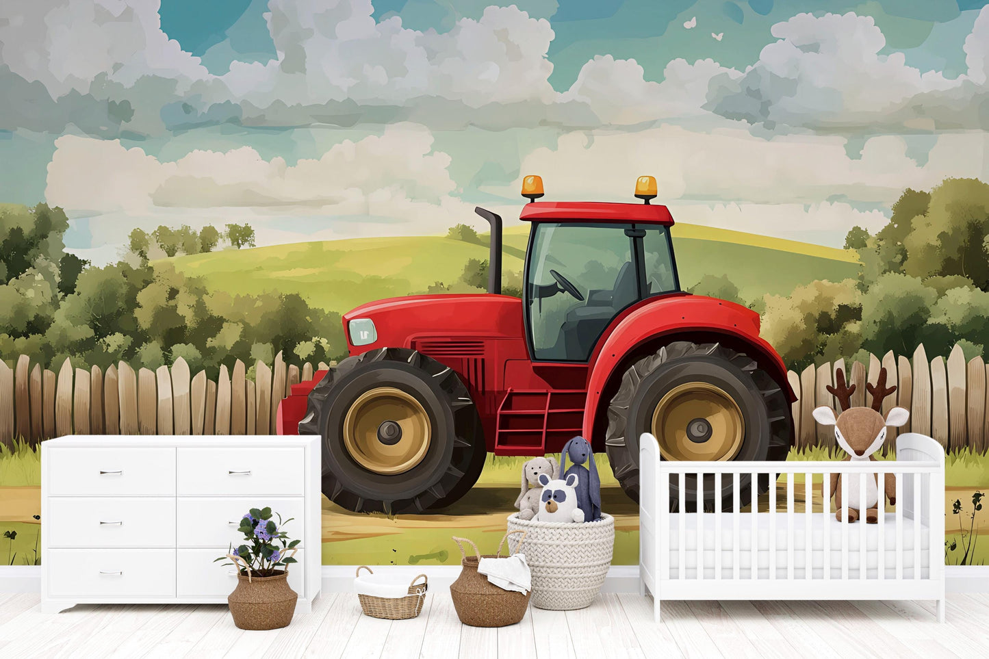 Red Tractor Kids Wall Mural – Farm Scene Wallpaper for Nursery or Playroom – Boys Room Decor – Country Landscape Wall Art Vn624