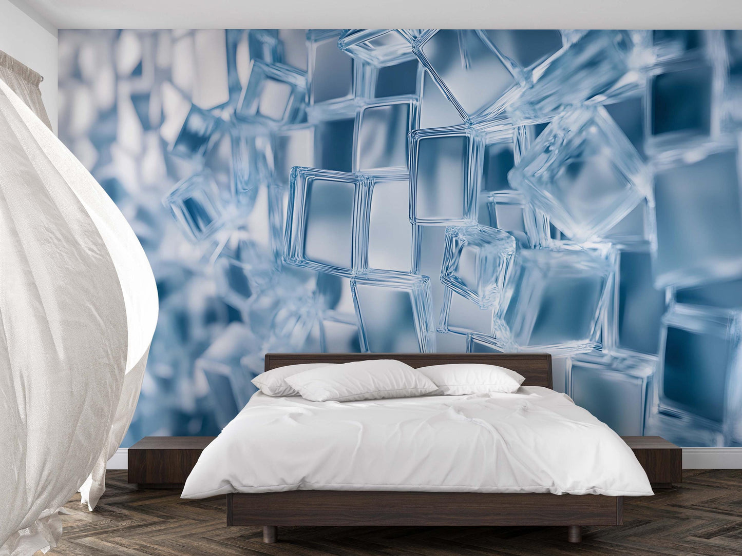 Modern Ice Cube Wall Mural | 3D Abstract Blue Geometric Wallpaper | Large-Scale Bedroom Accent Wall Decor Vn746