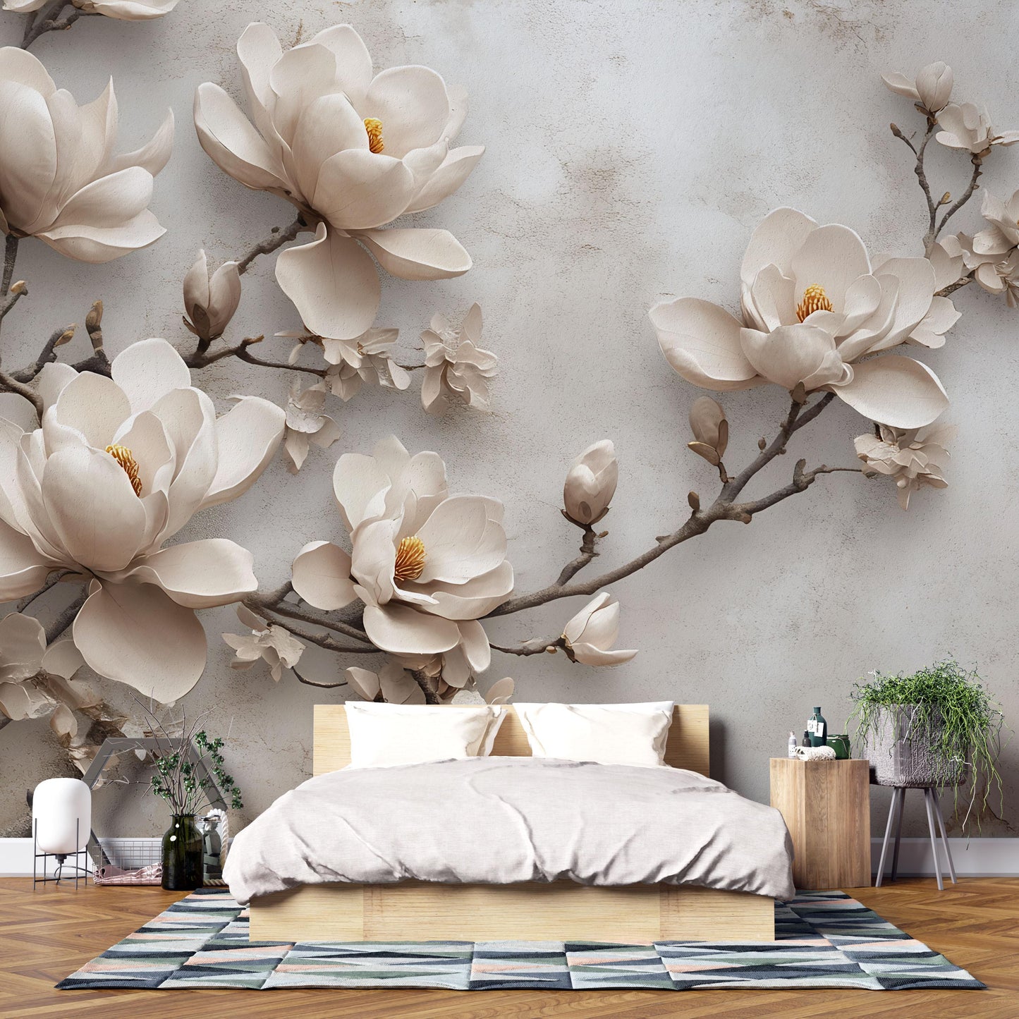 Beige Magnolia Flower Mural – 3D Effect Botanical Wall Art for Bedroom or Living Room Vn768