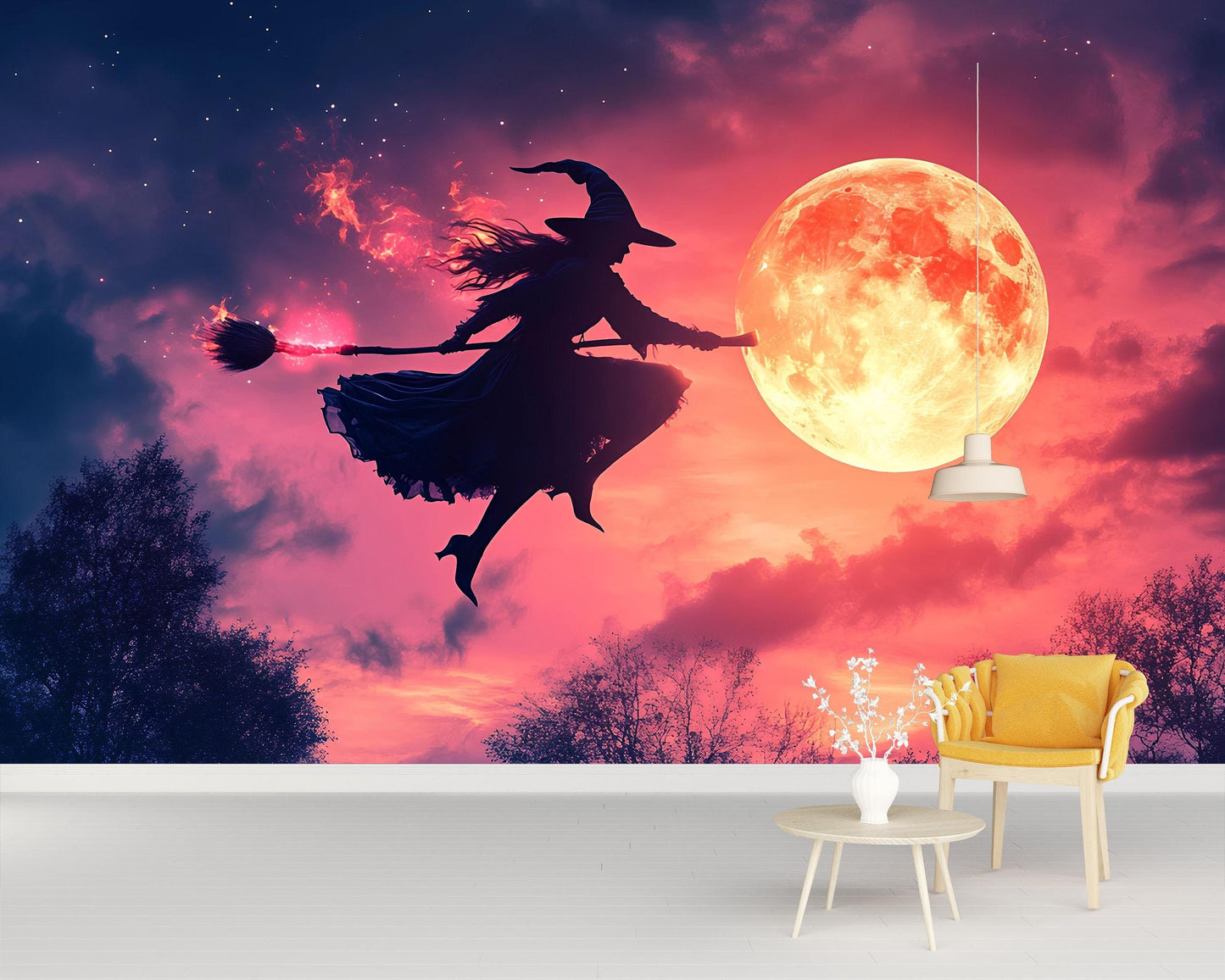 Witch Flying Over Full Moon Wall Mural – Magical Halloween Night Sky Vn805