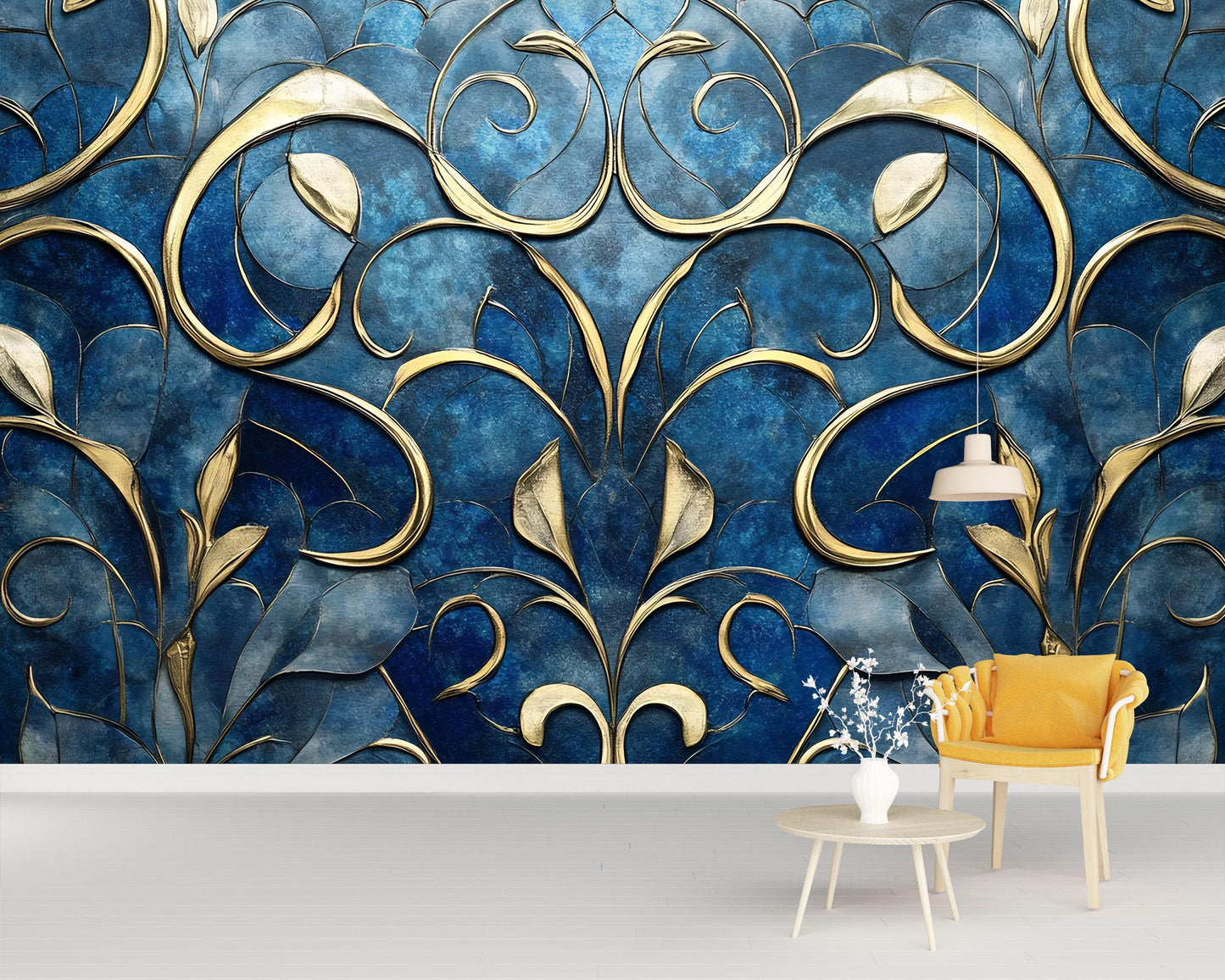 Luxury Blue & Gold Abstract Floral Wall Mural | Elegant 3D Effect Wallpaper for Living Room, Bedroom, Office Vn756