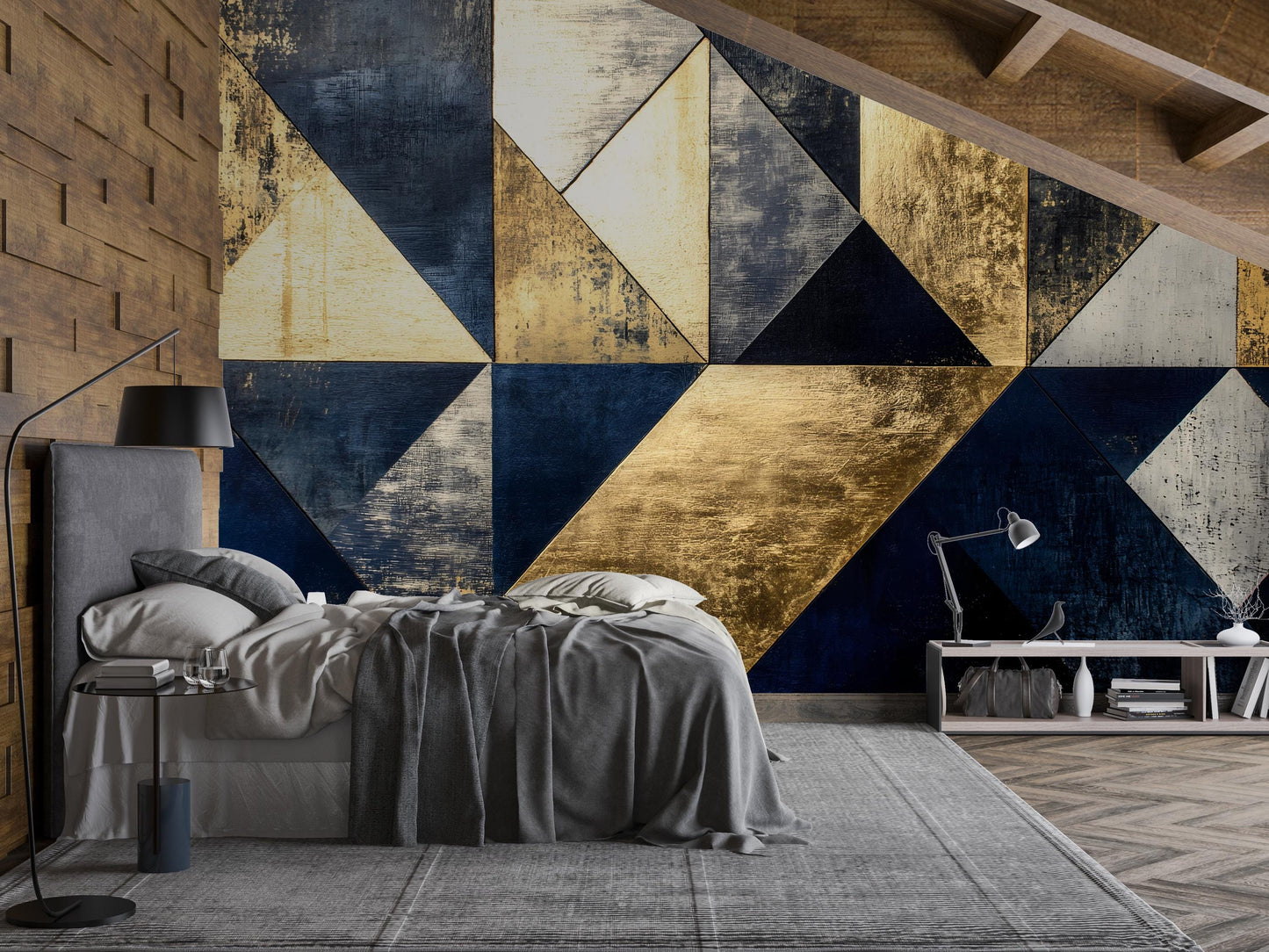 Gold Navy Geometric Wall Mural – Luxury Abstract Wallpaper Vn965