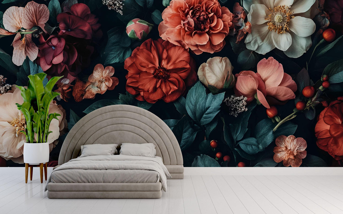 Bold Floral Wall Mural | Dark Botanical Bedroom Wallpaper | Oversized Flower Accent Wall Decor Vn642