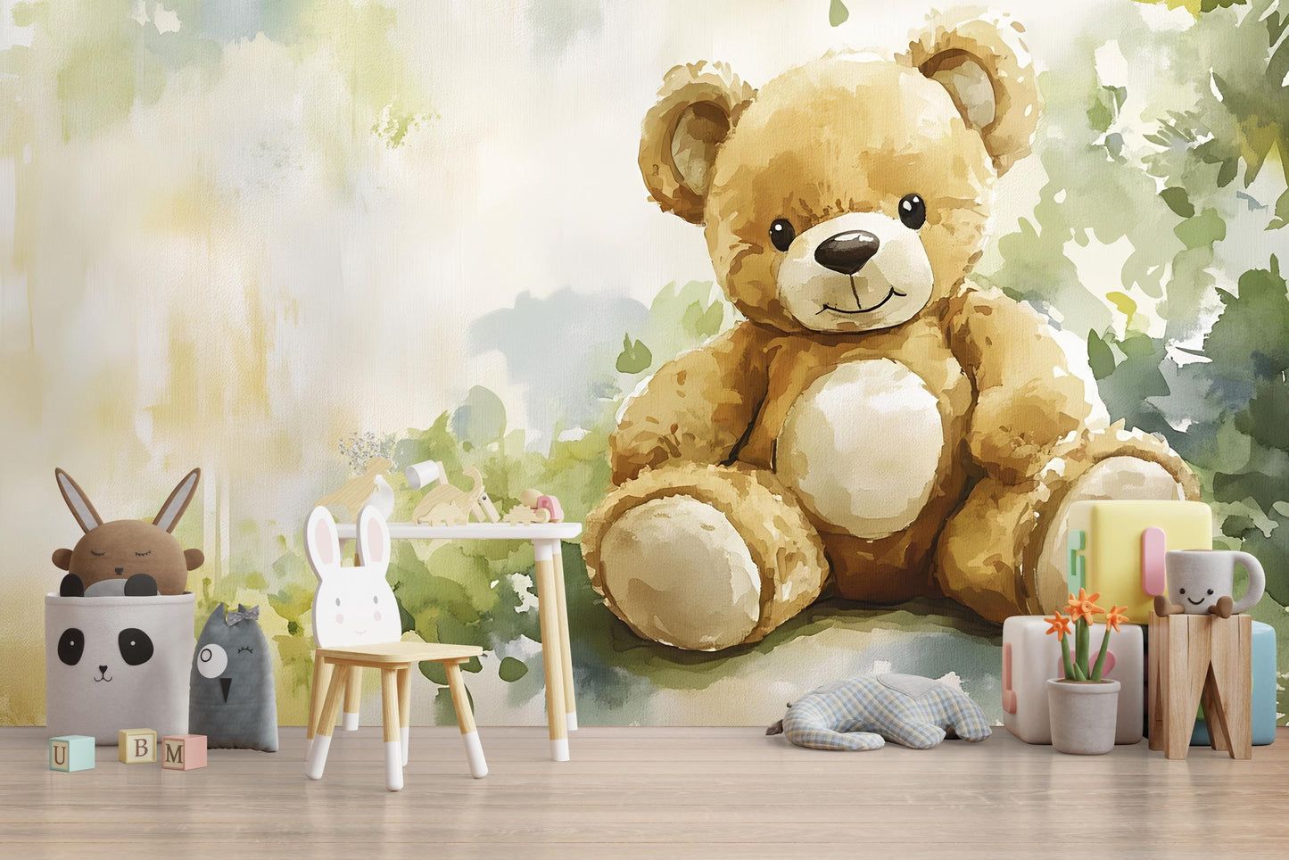 Teddy Bear Nursery Wall Mural - Cute Forest Animal Wallpaper - Baby Room Decor - Woodland Themed Nursery Art Vn554