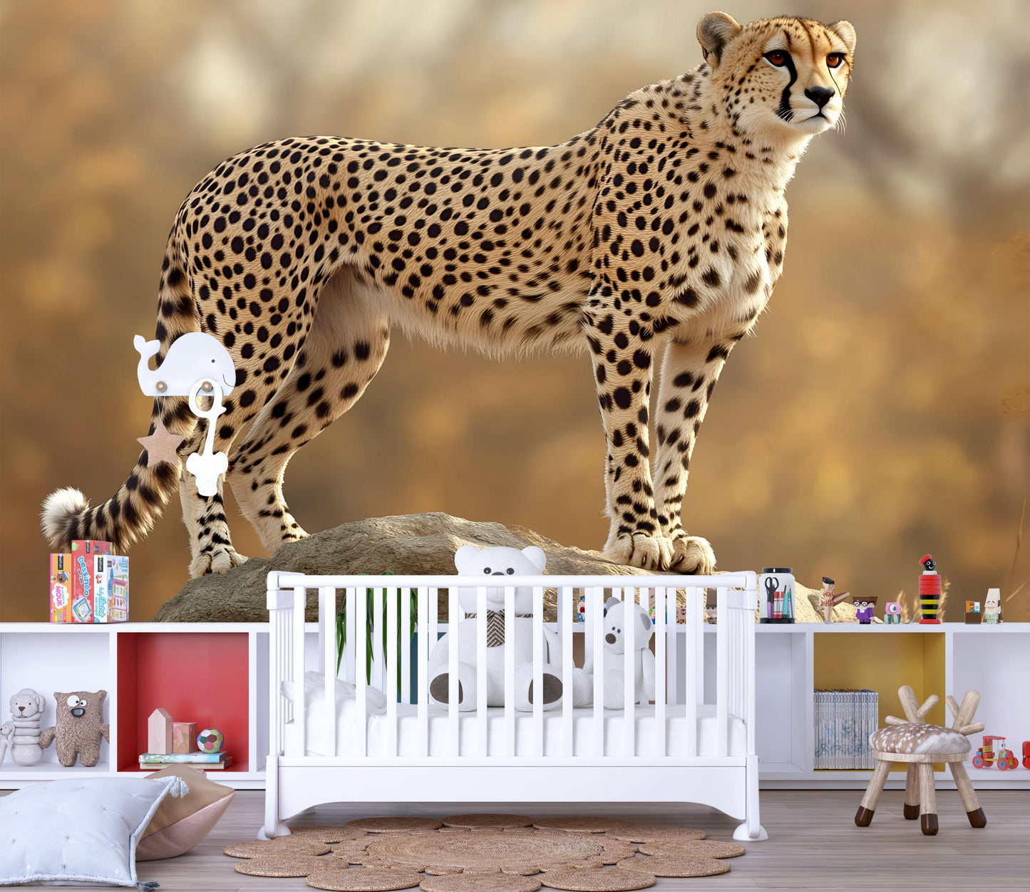 Standing Cheetah Wall Mural – Realistic Wildlife Safari Wallpaper for Nursery or Bedroom Vn785