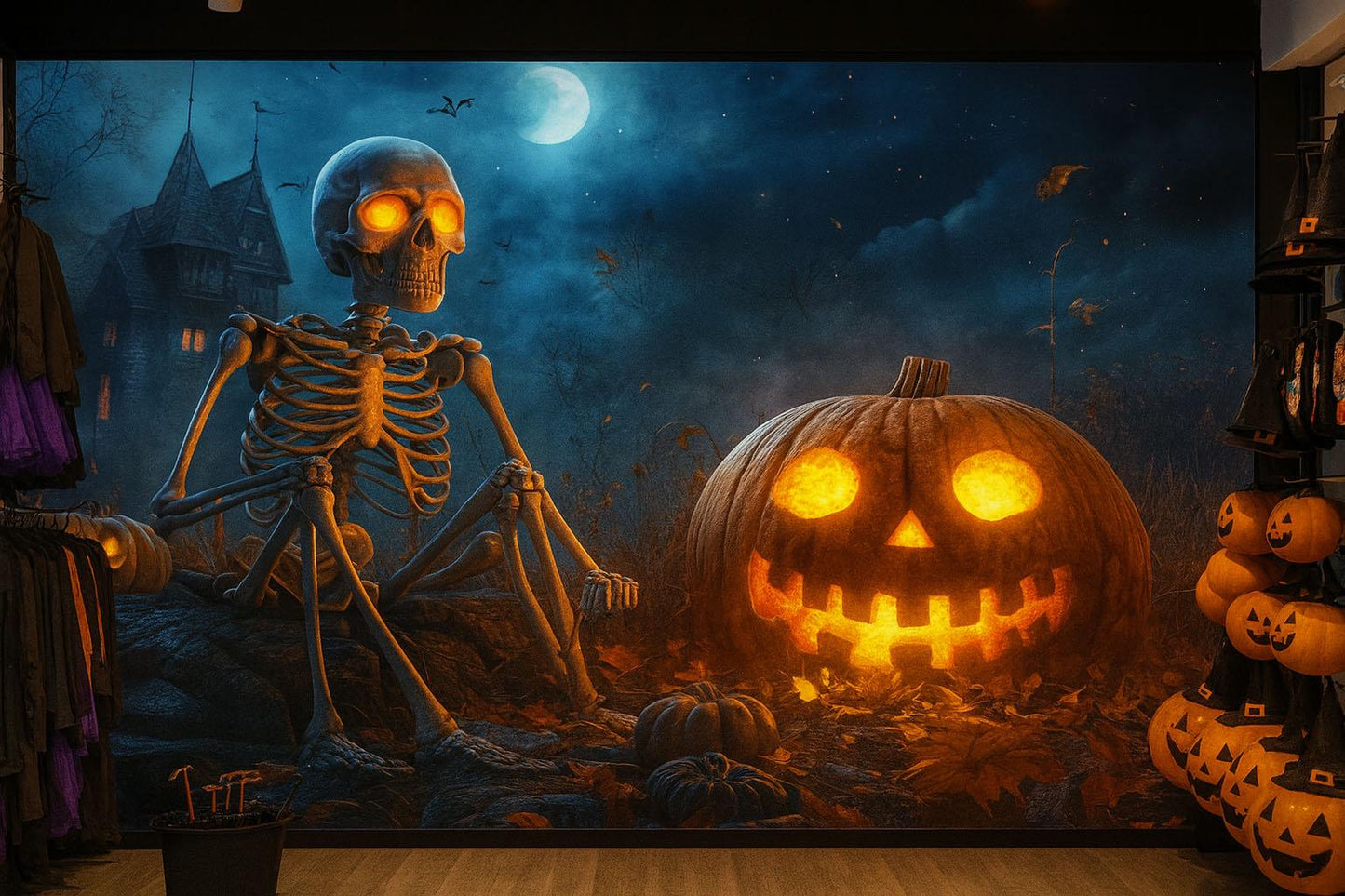 Skeleton & Jack-O’-Lantern Wall Mural – Spooky Halloween Bedroom Décor Vn796