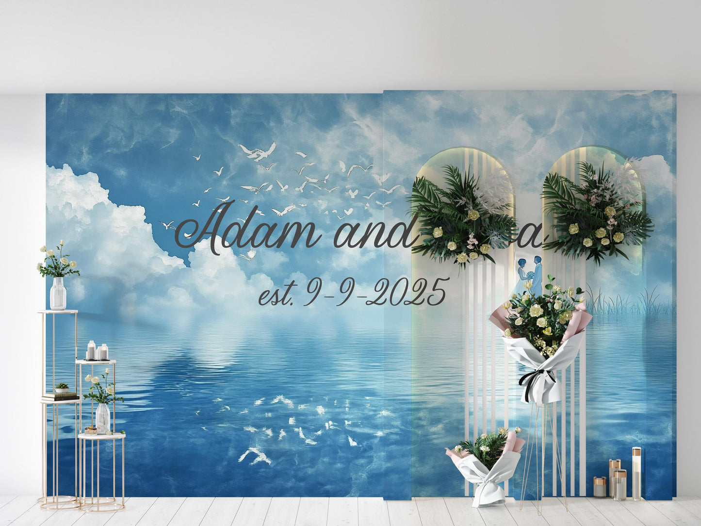 Custom Romantic Wall Mural - Personalized Couple Names & Date - Wedding Anniversary Gift - Est. Date Wall Art - Water Couple Scene Vn514