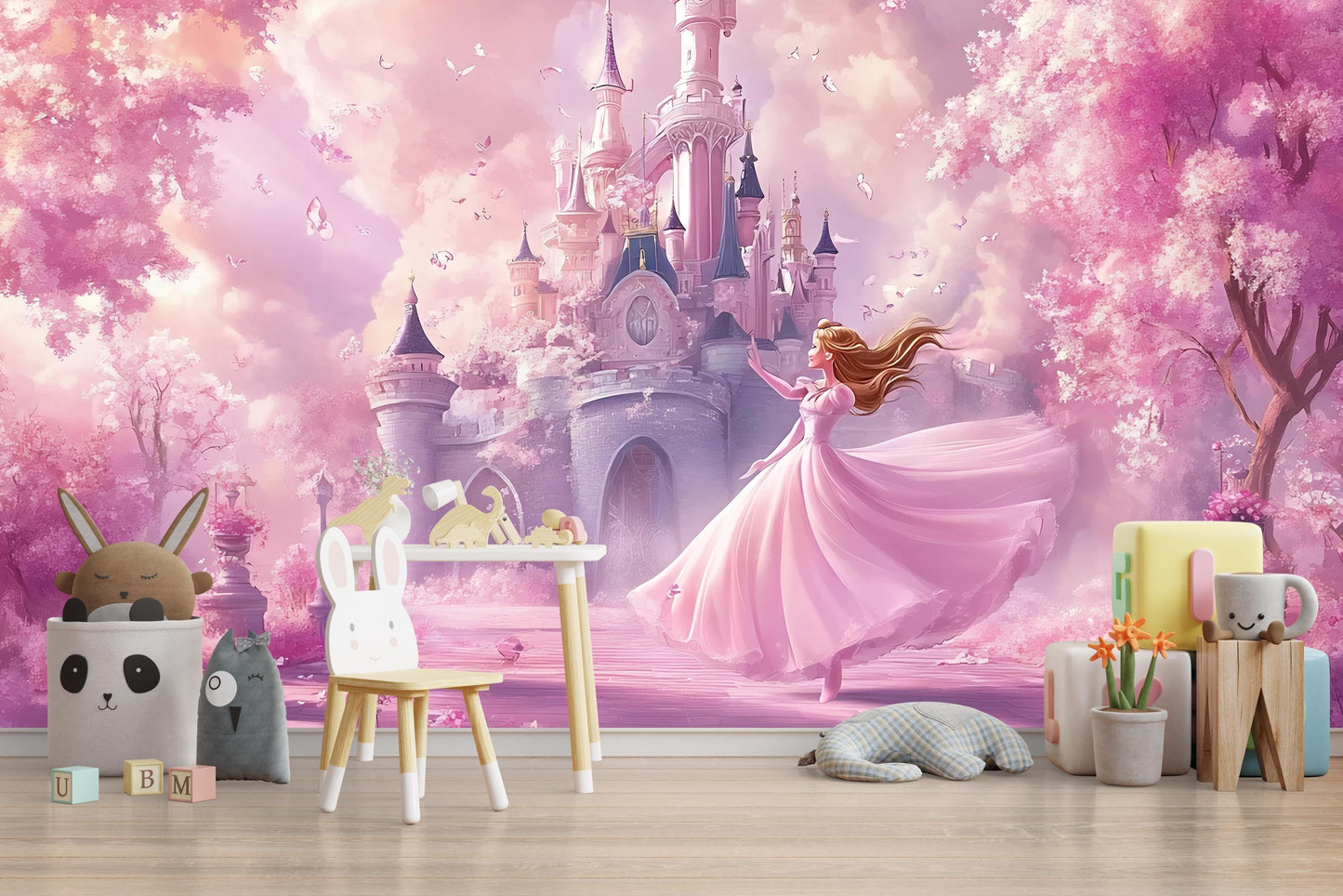 Princess Castle Wall Mural - Pink Fairy Tale Wallpaper for Girls Bedroom, Fantasy Castle Nursery Decor Vn366