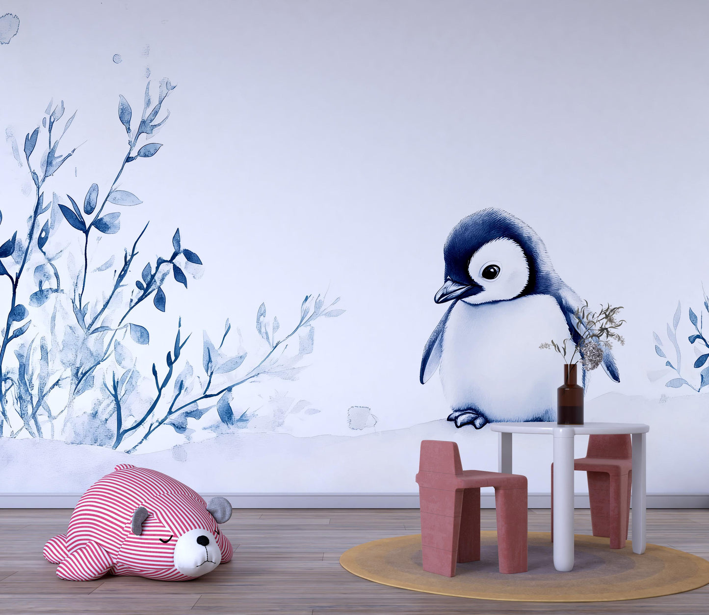 Penguin Nursery Wall Mural | Blue Baby Room Wallpaper | Arctic Animal Nursery Decor | Gender Neutral Nursery Art | Winter Baby Room Vn519