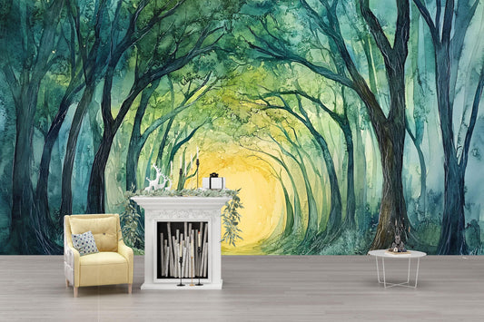 Forest Tunnel Mural – Enchanted Green Trees Wall Art with Golden Sunlight Path Vn762