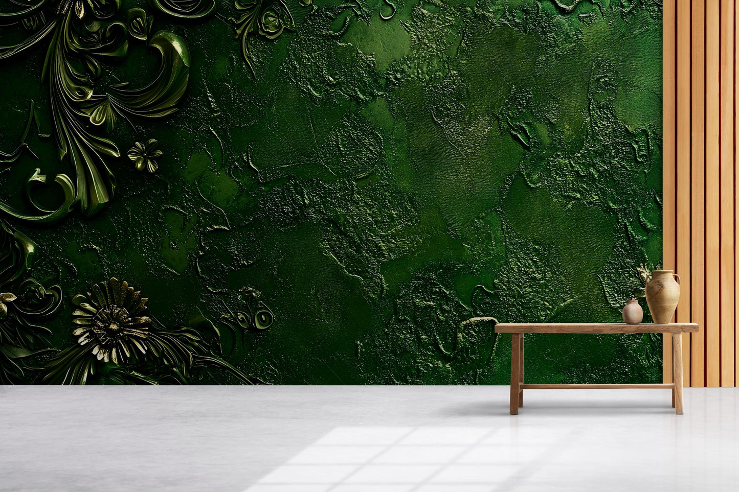 Emerald Green Textured Floral Wall Mural – 3D Luxury Botanical Accent Wallpaper for Living Room or Office Décor Vn582