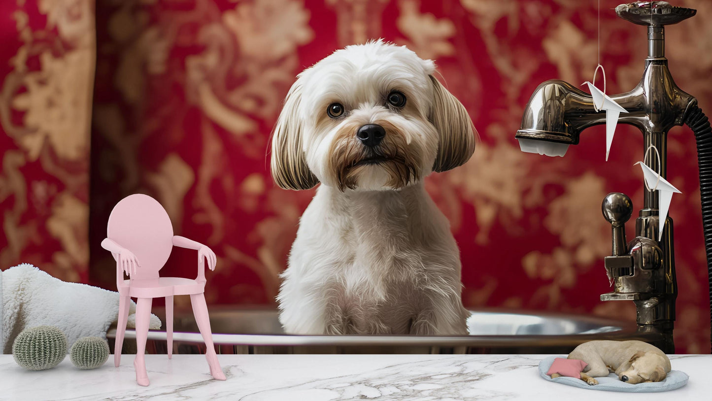 Whimsical Dog Bathroom Art Print – Cute White Dog in Bathtub with Mini Chair & Sleeping Pup – Funny Dog Wall Decor for Pet Lovers Vn666