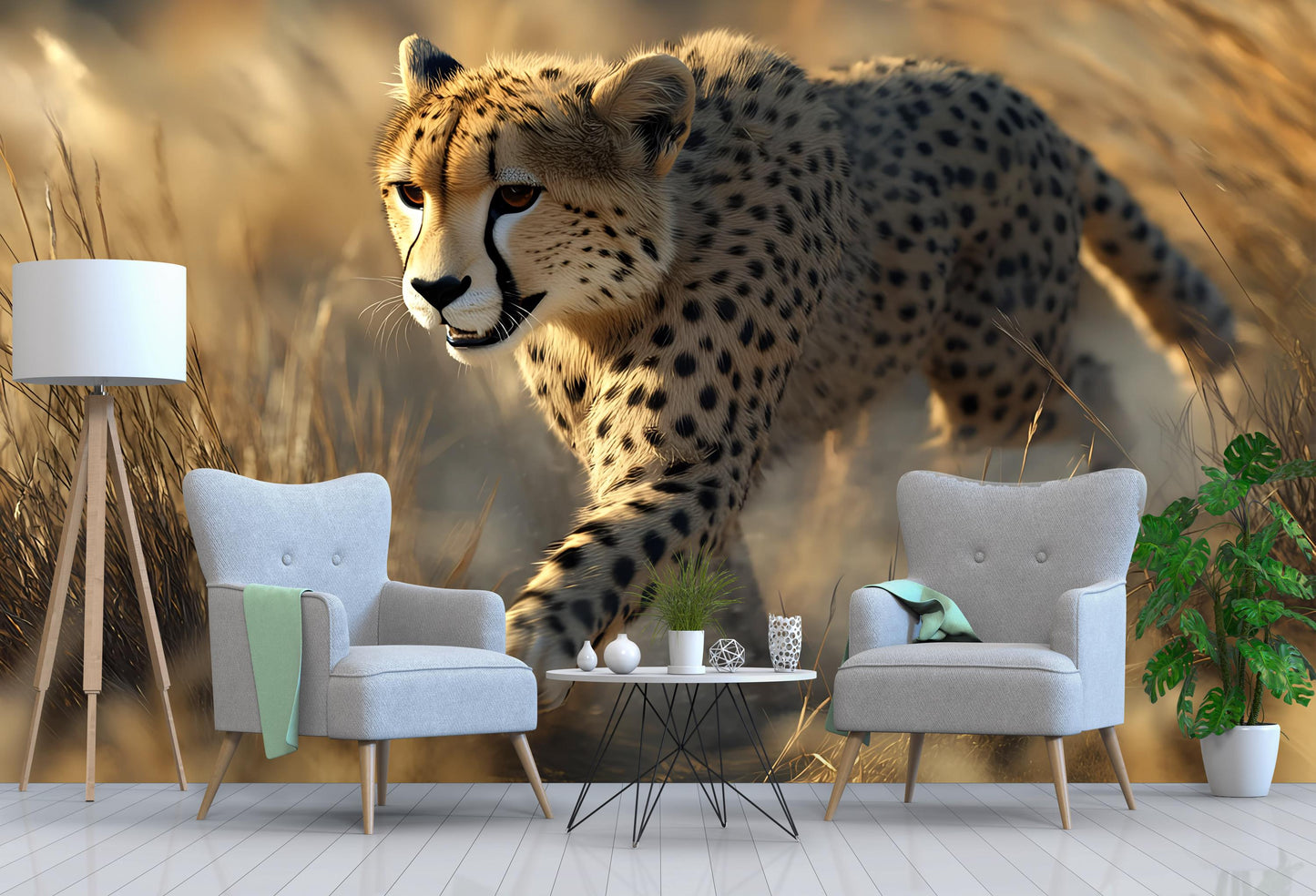 Cheetah Safari Wall Mural | Wild Animal Jungle Art | Living Room Feature Wallpaper | Nature Scene Photo Backdrop | Wildlife Decor Vn540