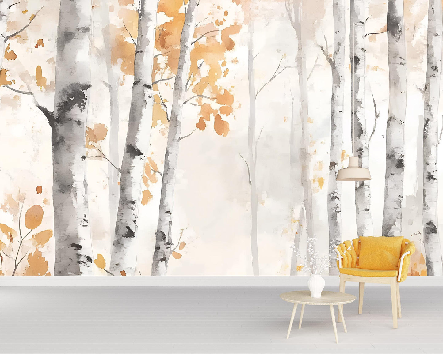 Birch Tree Wall Mural | Autumn Forest Wallpaper | Neutral Nature Accent Wall | Scandinavian Woodland Peel and Stick Wall Art Vn491