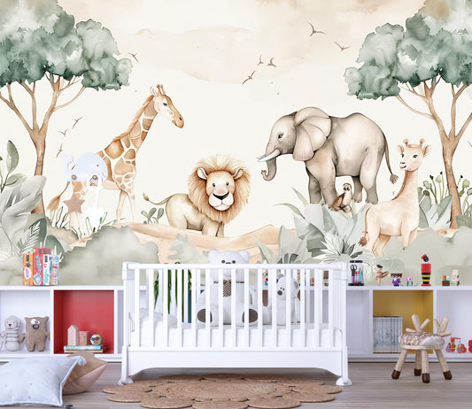 Safari Nursery Wall Mural | Jungle Animal Wallpaper Kids Room Vn1038