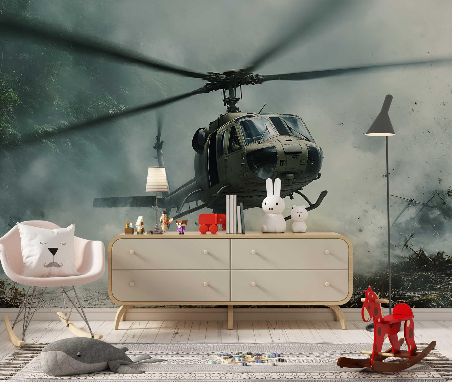 Helicopter War Scene Wall Mural for Boys Room – Epic Military Themed Wallpaper – UH-1 Huey Chopper Mural – Kids Room Wall Decor Vn456