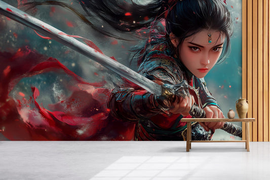 Fantasy Warrior Wall Mural – Anime Samurai Girl Art | Epic Battle Scene Wallpaper | Asian Warrior Decor | Sword Girl Wall Print Vn360