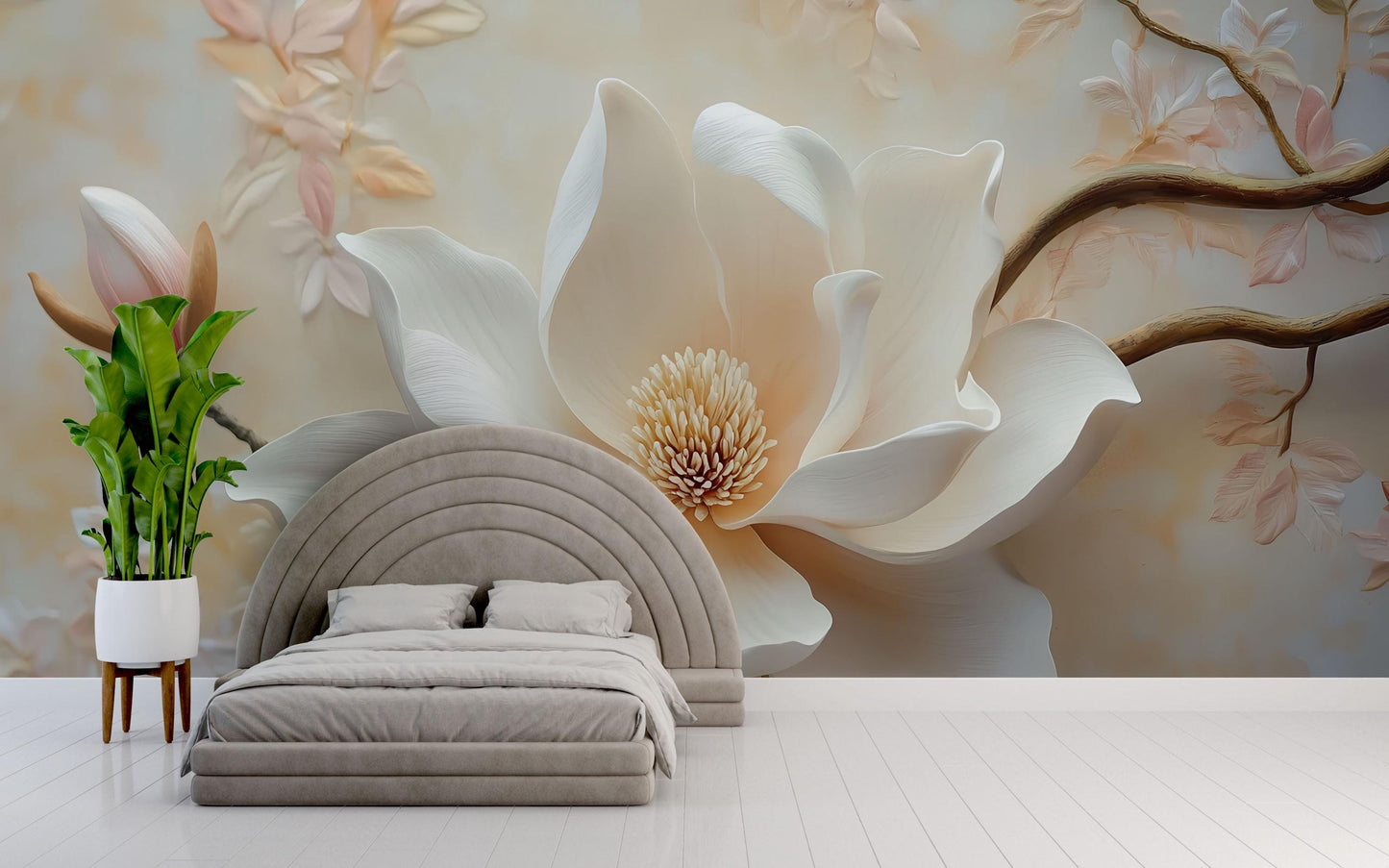 Large Magnolia Flower Mural – 3D Effect Botanical Wall Art for Bedroom or Living Room Vn766