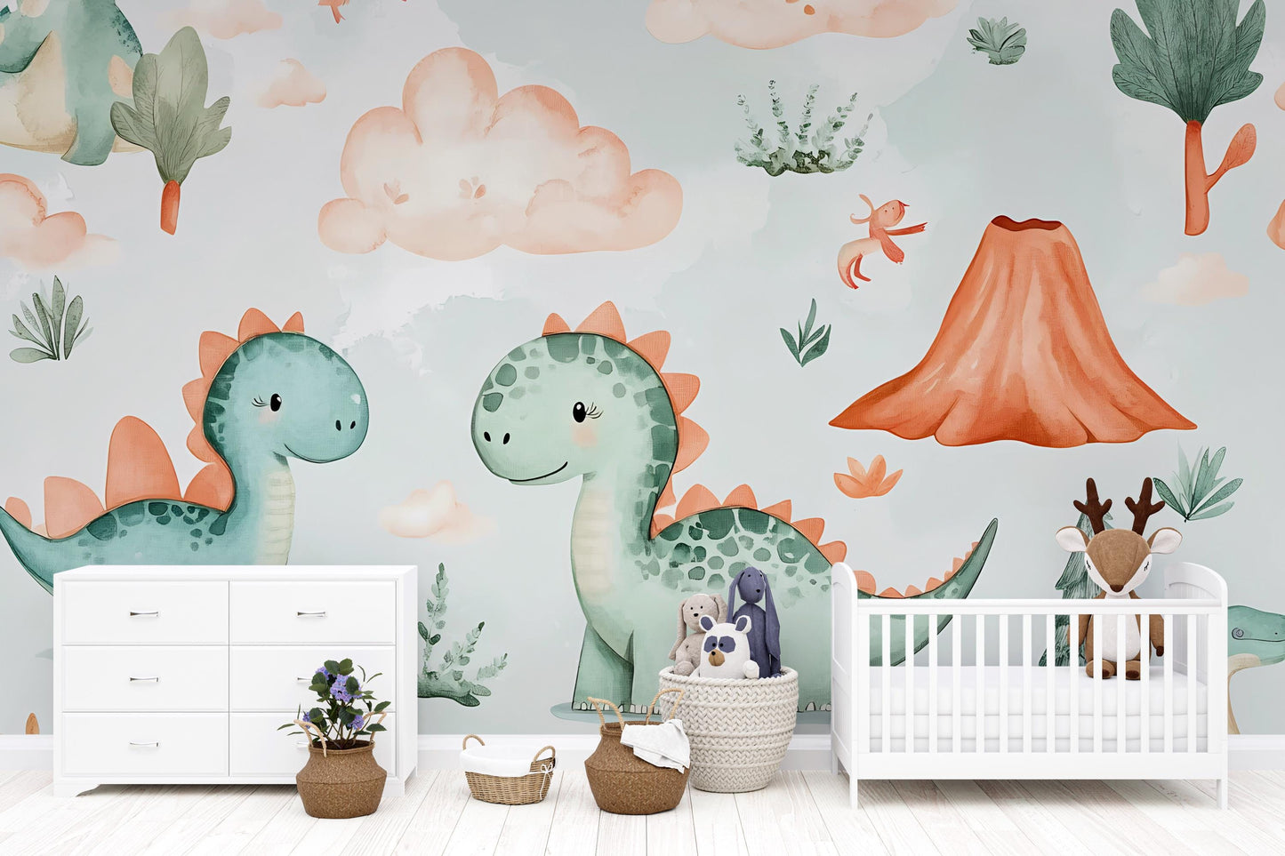Cute Dinosaur Wall Mural – Cartoon Dino Wallpaper for Nursery, Kids Room & Playroom Vn980