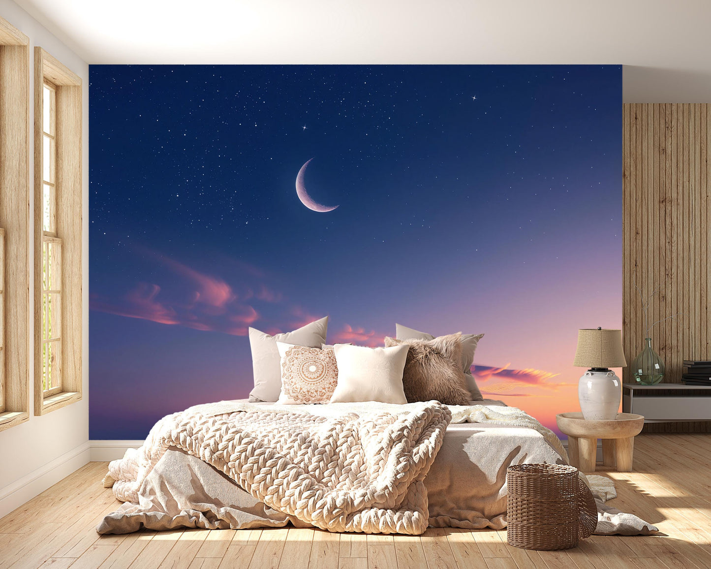 Crescent Moon Wall Mural – Starry Night Sky & Sunset Wallpaper, Celestial Accent Wall Decor for Bedroom, Nursery or Meditation Room Vn1080