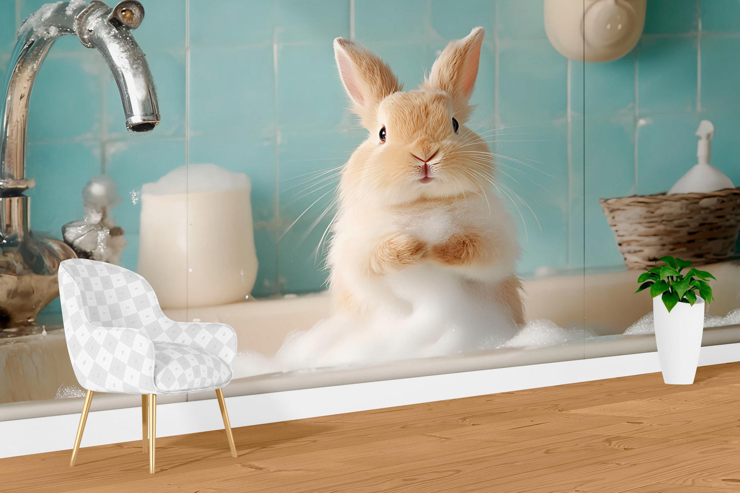 Cute Bunny Bath Wall Mural – Adorable Rabbit Bathroom Decor | Whimsical Animal Print for Nursery, Spa, or Kids' Room Vn681