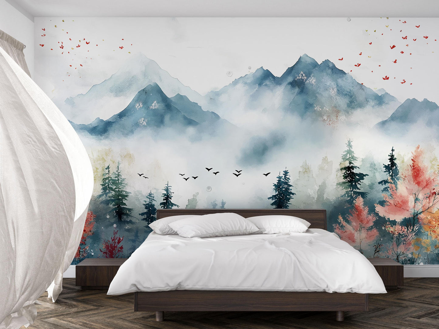 Watercolor Mountain Forest Wall Mural – Scenic Nature Bedroom Wallpaper – Misty Mountains Landscape Art – Removable Peel & Stick Vn698