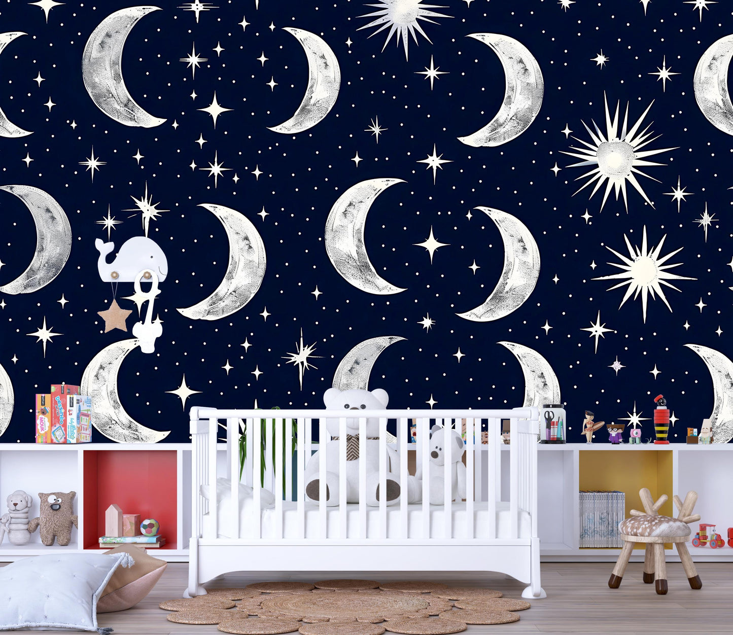Crescent Moon Wallpaper – Starry Night Sky Wall Mural for Bedroom or Nursery Decor Vn1014