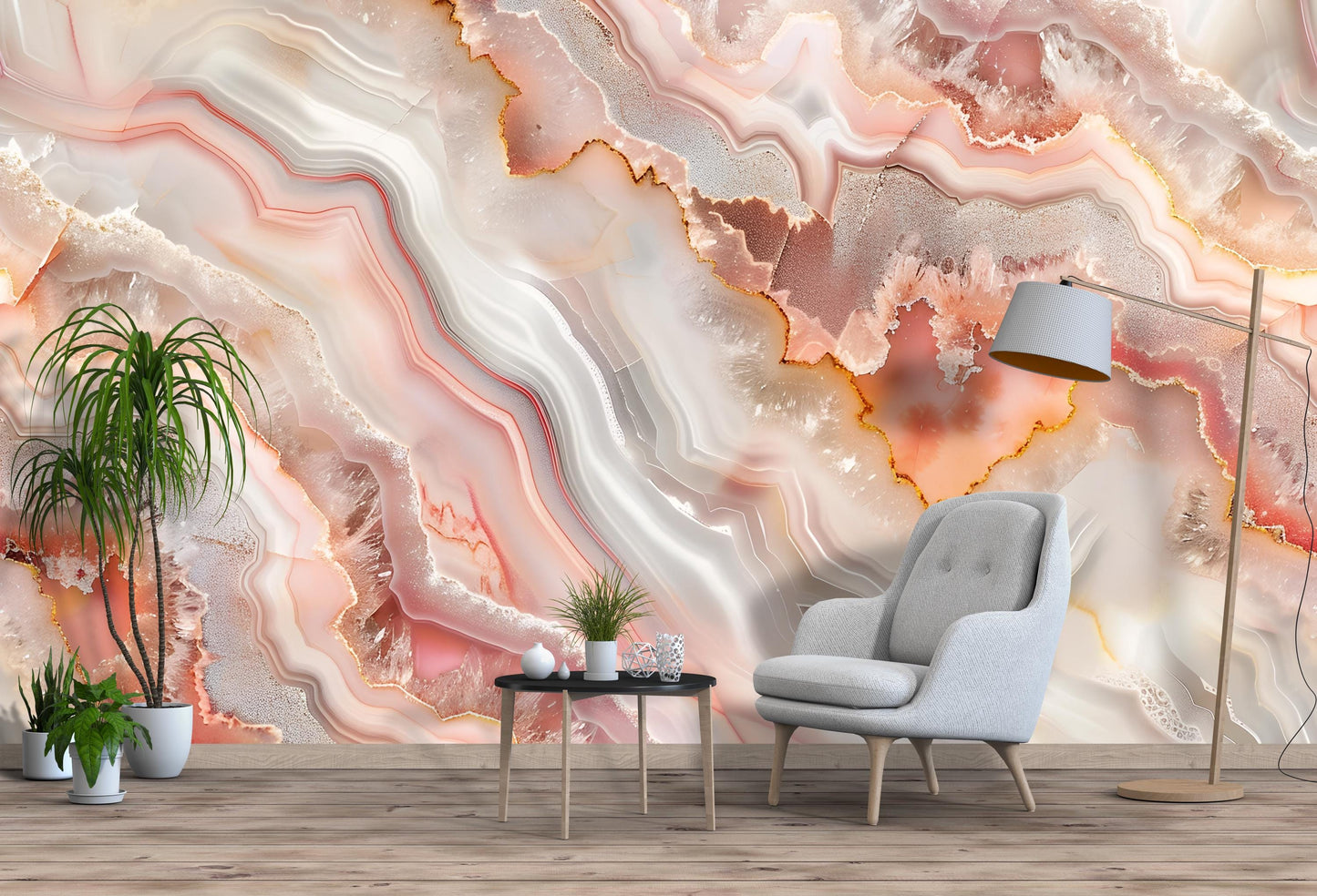 Pink Agate Wall Mural – Crystal Stone Pattern Wallpaper in White & Rose Tones Vn1092
