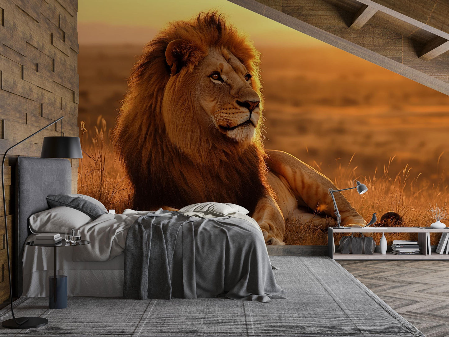 Lion Wall Mural – Safari Wildlife Wallpaper, Majestic King of the Jungle Accent Wall for Living Room or Bedroom Vn861