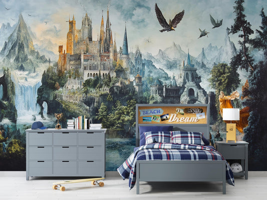 Fantasy Castle Wall Mural for Kids Room – Magical Fairytale Kingdom Wallpaper – Boys Bedroom Adventure Decor – Landscape Mural Art Vn185